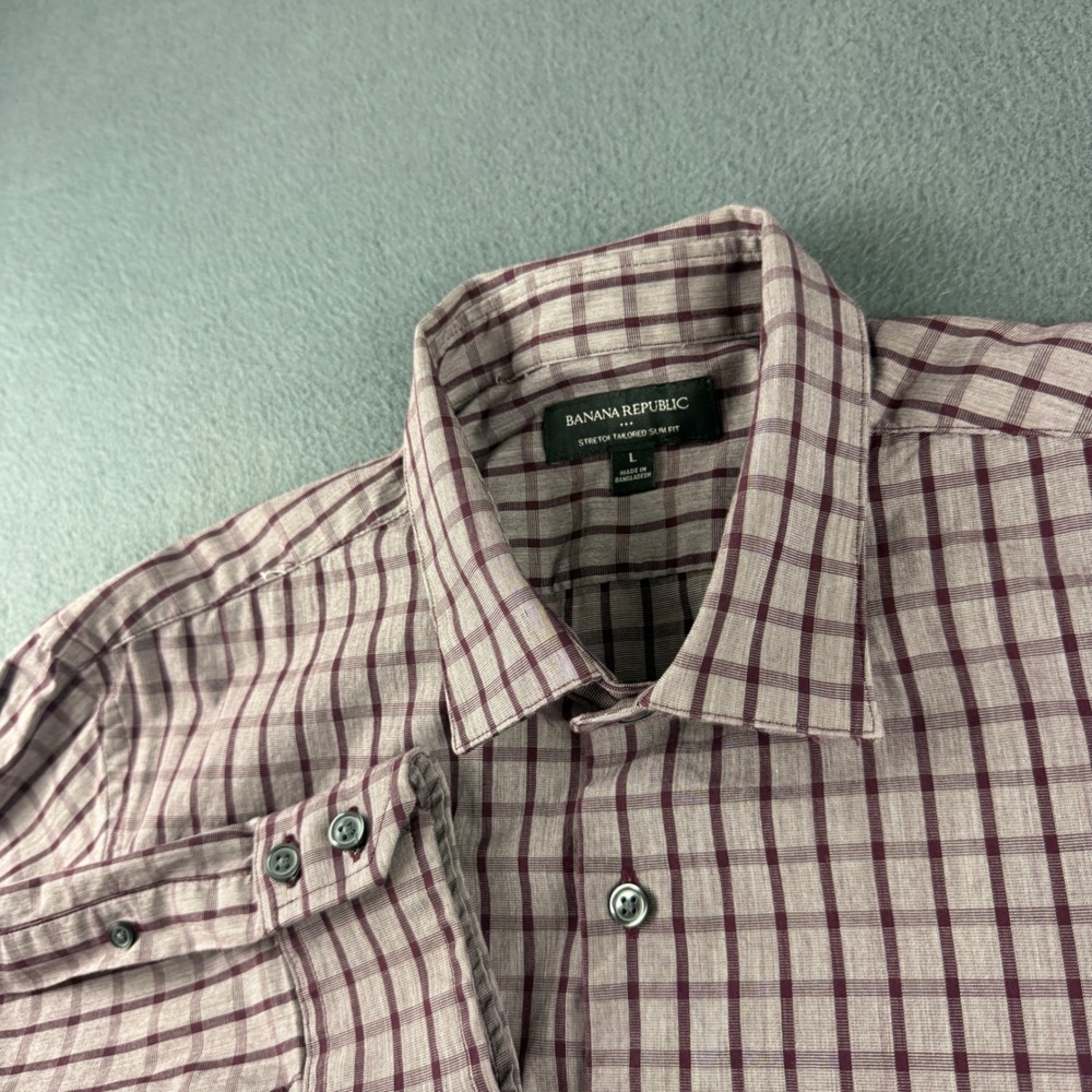 Banana Republic Shirt Men's L Purple Plaid Stretch Tailored Slim Fit Button Down